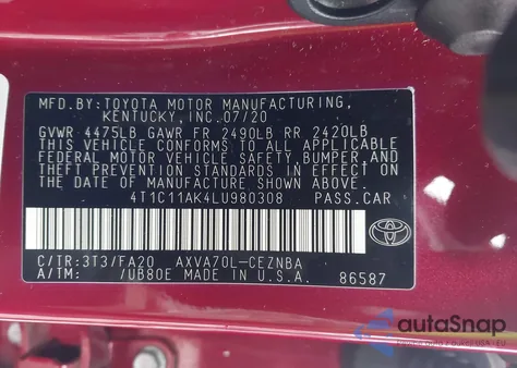 2020 Toyota Camry Le из США, поврежденный, VIN 4T1C11AK4LU980308